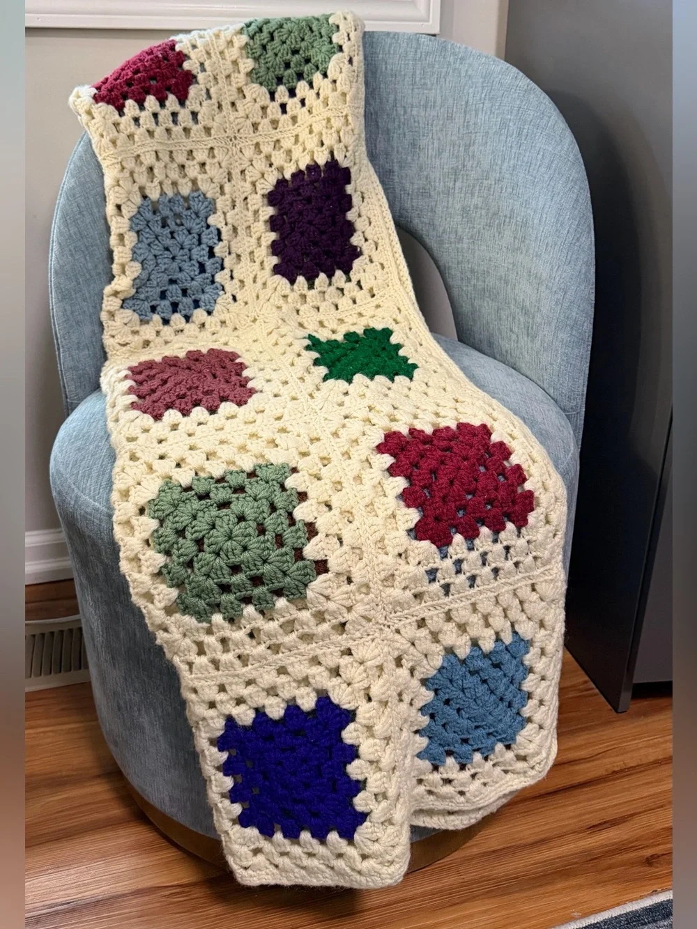 Cozy Crochet Granny Square Throw Blanket in Cream with Colorful Accents